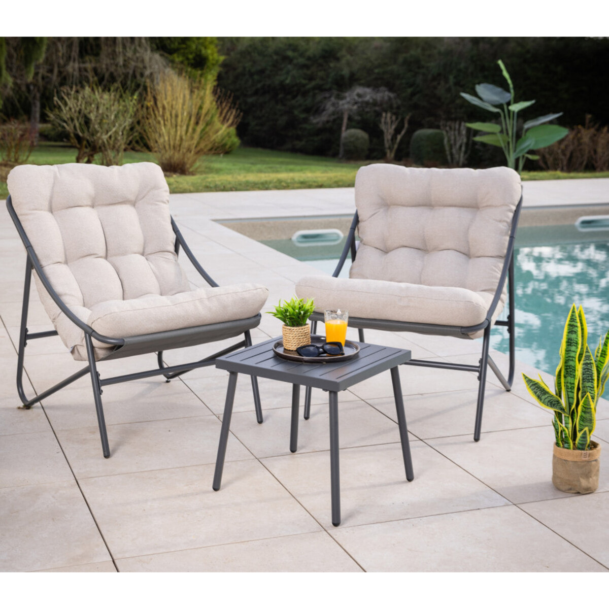 Salon de jardin en acier - 2 places - gris anthracite - LEMAN