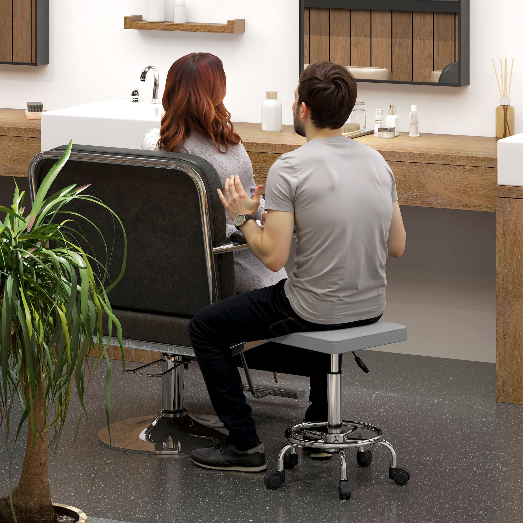 Taburete Giratorio Taburete con Ruedas Altura Regulable 50-66 cm Asiento Tapizado de Cuero Sintético Reposapiés para Salones y Talleres Gris