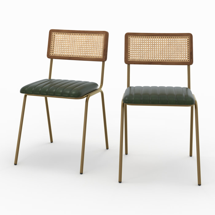 Lot de 2 chaises en cannage et cuir vert - Arsène
