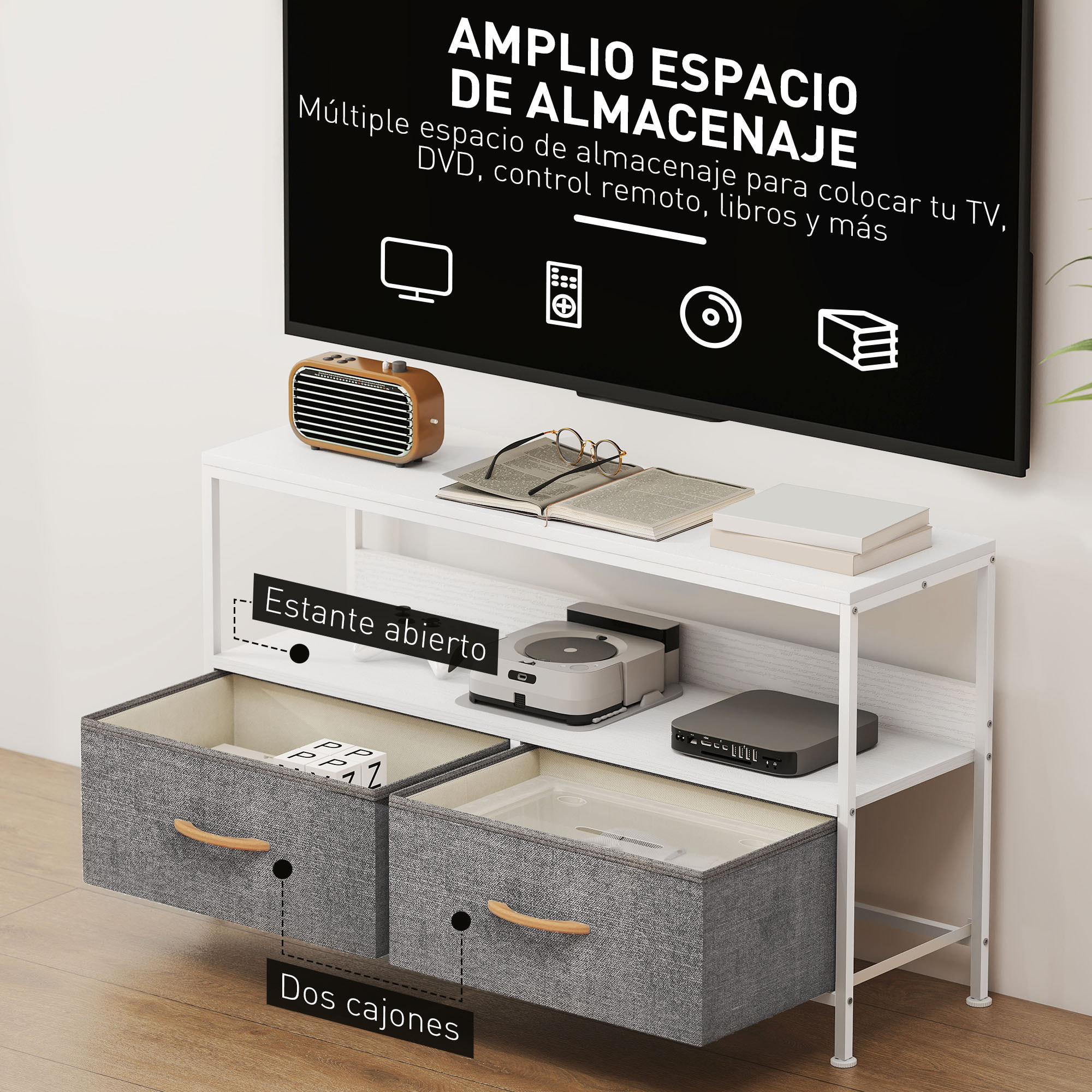 Mueble de TV, Mesa de TV con Estante y 2 Cajones de Tela Plegables, para Televisores hasta 47 Pulgadas, Largo de 98 cm, para Salón, Dormitorio, Blanco y Gris
