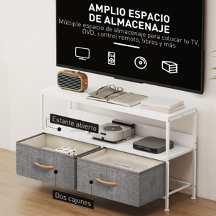 Mueble de TV, Mesa de TV con Estante y 2 Cajones de Tela Plegables, para Televisores hasta 47 Pulgadas, Largo de 98 cm, para Salón, Dormitorio, Blanco y Gris