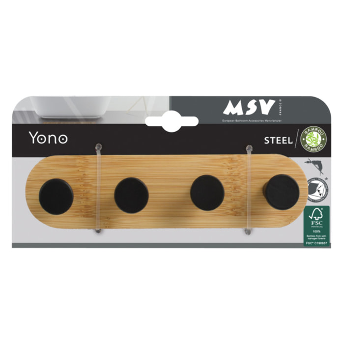 Porte manteaux, patères 4 crochets sans perçage YONO Acier noir & Bambou MSV