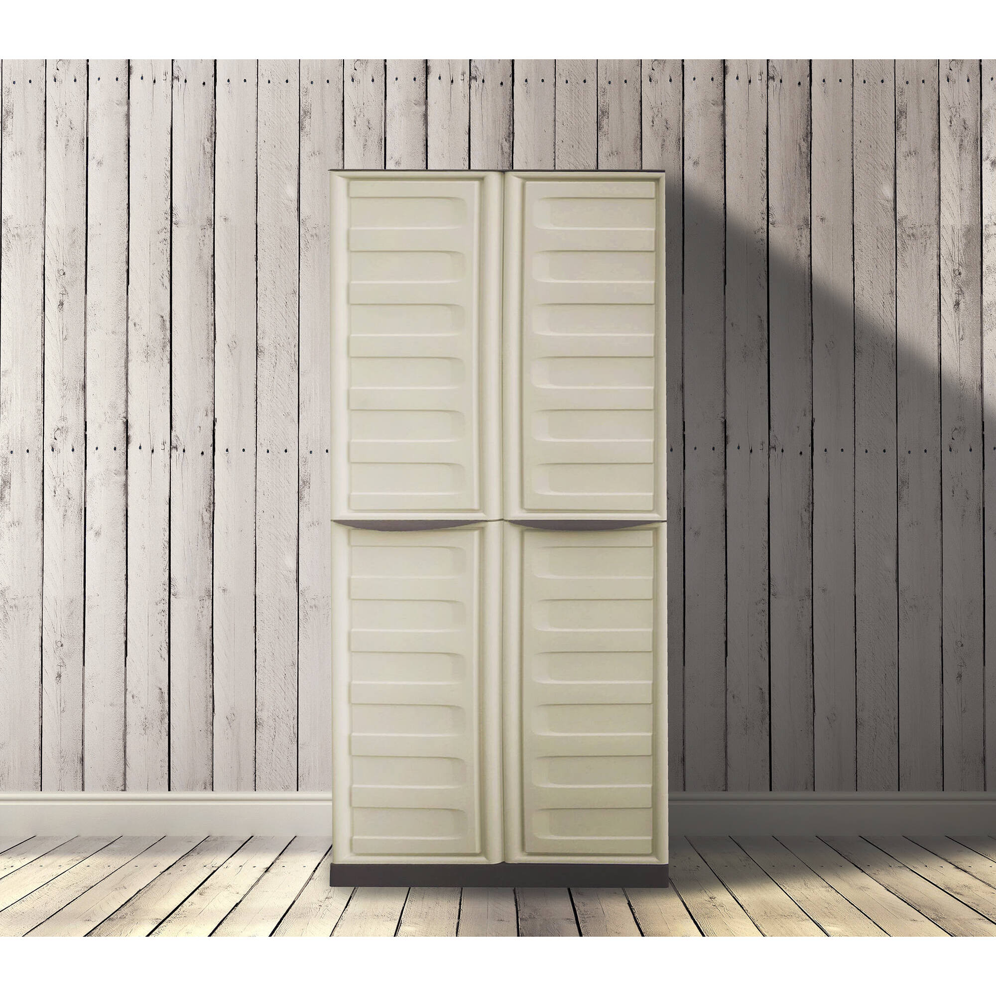 Armadio da esterno Ipno, Armadio balcone multiuso, Mobile porta scope 2 ante, 100% Made in Italy, 70x47h178 cm, Beige e Marrone, Finitura righe