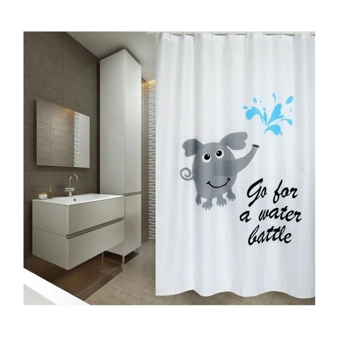 Rideau de douche Polyester WATER BATTLE 180x200cm QUALITE PREMIUM Gris & Blanc - Anneaux inclus MSV