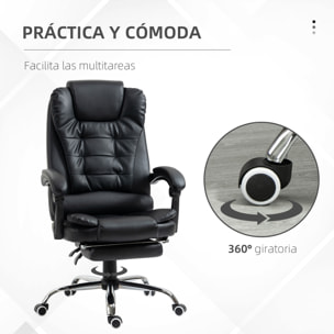 Silla de Oficina Reclinable Silla de Escritorio con Reposapiés Silla Ejecutiva Giratoria con Altura Ajustable Tapizada en PU y Reposabrazos para Estudio Negro