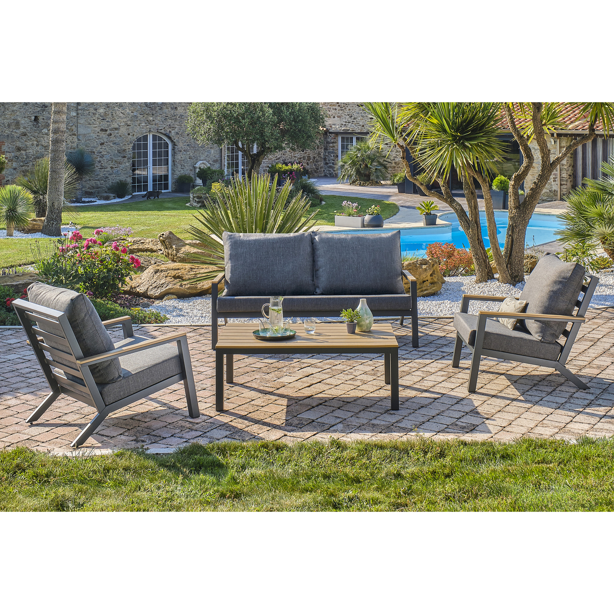 KOMMOS - Salon de jardin 5 pl en alu et plateau composite effet bois