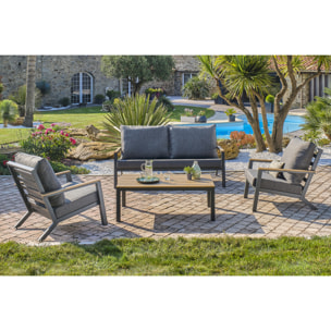 KOMMOS - Salon de jardin 5 pl en alu et plateau composite effet bois