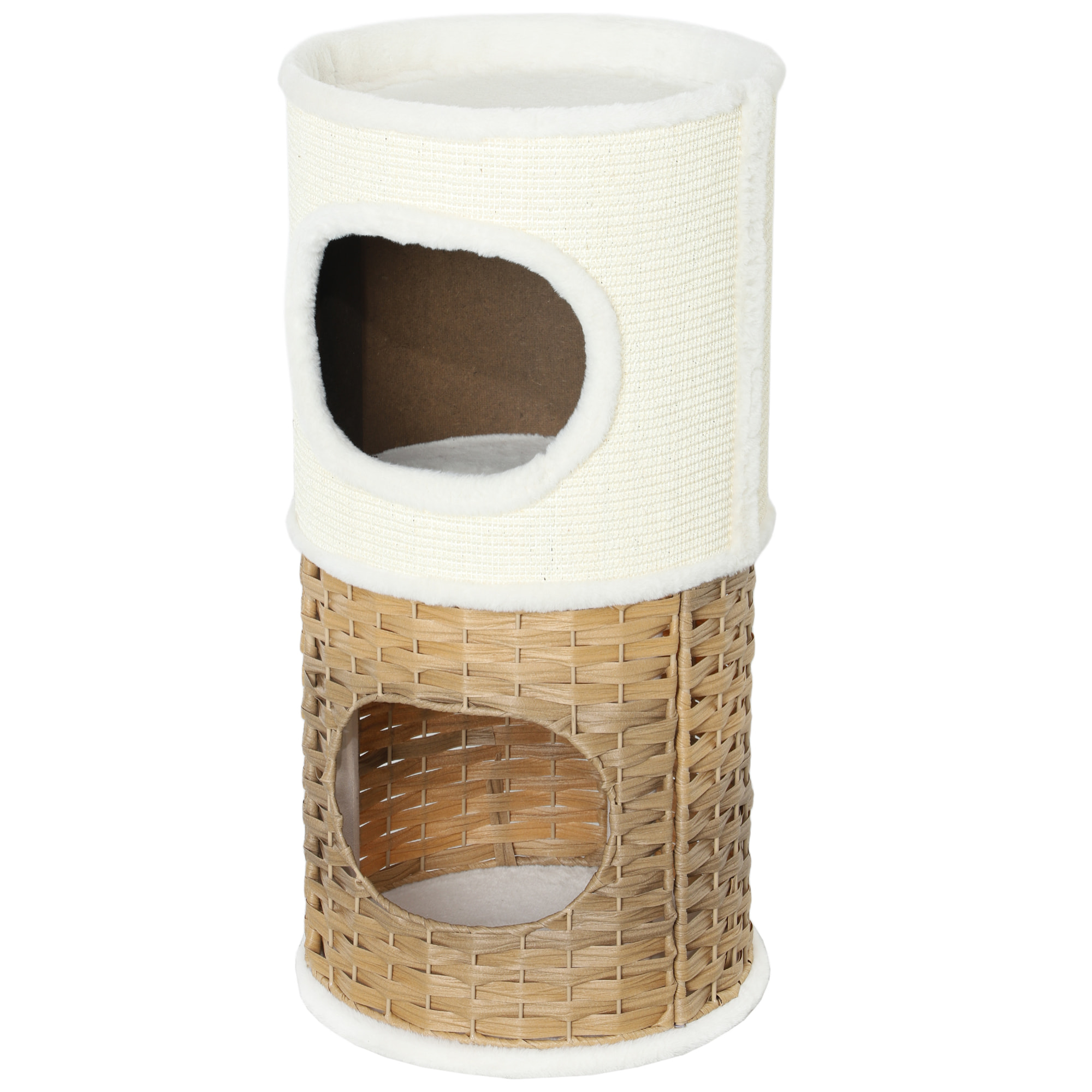 Tour à griffer pour chat 3 niveaux - 2 niches, panier observation- H.75,5 cm - résine tressée sisal