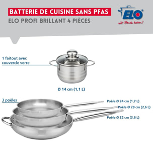 Ensemble de 3 Poêles de cuisson 24, 28 et 32 cm et 1 faitout 14 cm Elo Profi Brillant