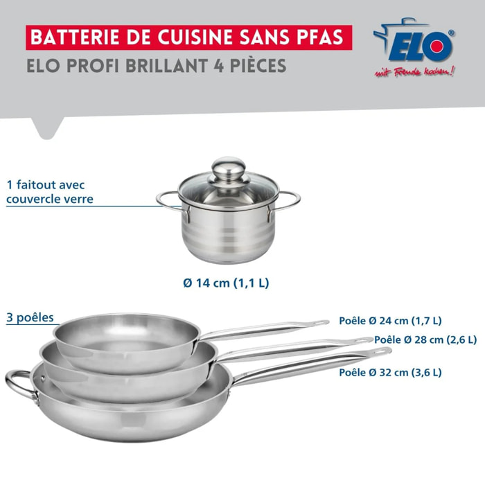 Ensemble de 3 Poêles de cuisson 24, 28 et 32 cm et 1 faitout 14 cm Elo Profi Brillant