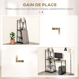Bureau pliable rabattable - bureau bibliothèque 2 en 1 - 4 étagères - imitation bois gris métal noir
