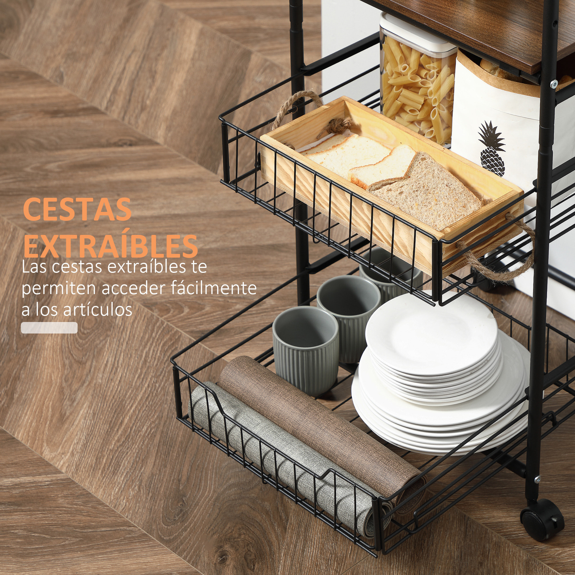 HOMCOM Carro de Cocina con Ruedas Carrito Auxiliar de Almacenaje con 2 Estantes 2 Cestas Extraíbles y 4 Ganchos para Comedor Baño 40x38x111 cm Nogal y Negro