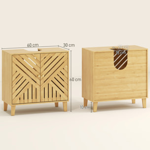 Mueble bajo Lavabo de Bambú Mueble de Baño con 2 Puertas Lamas y Estante Ajustable Armario de Baño para Lavabo sin Pedestal Estilo Nórdico 60x30x60 cm Natural