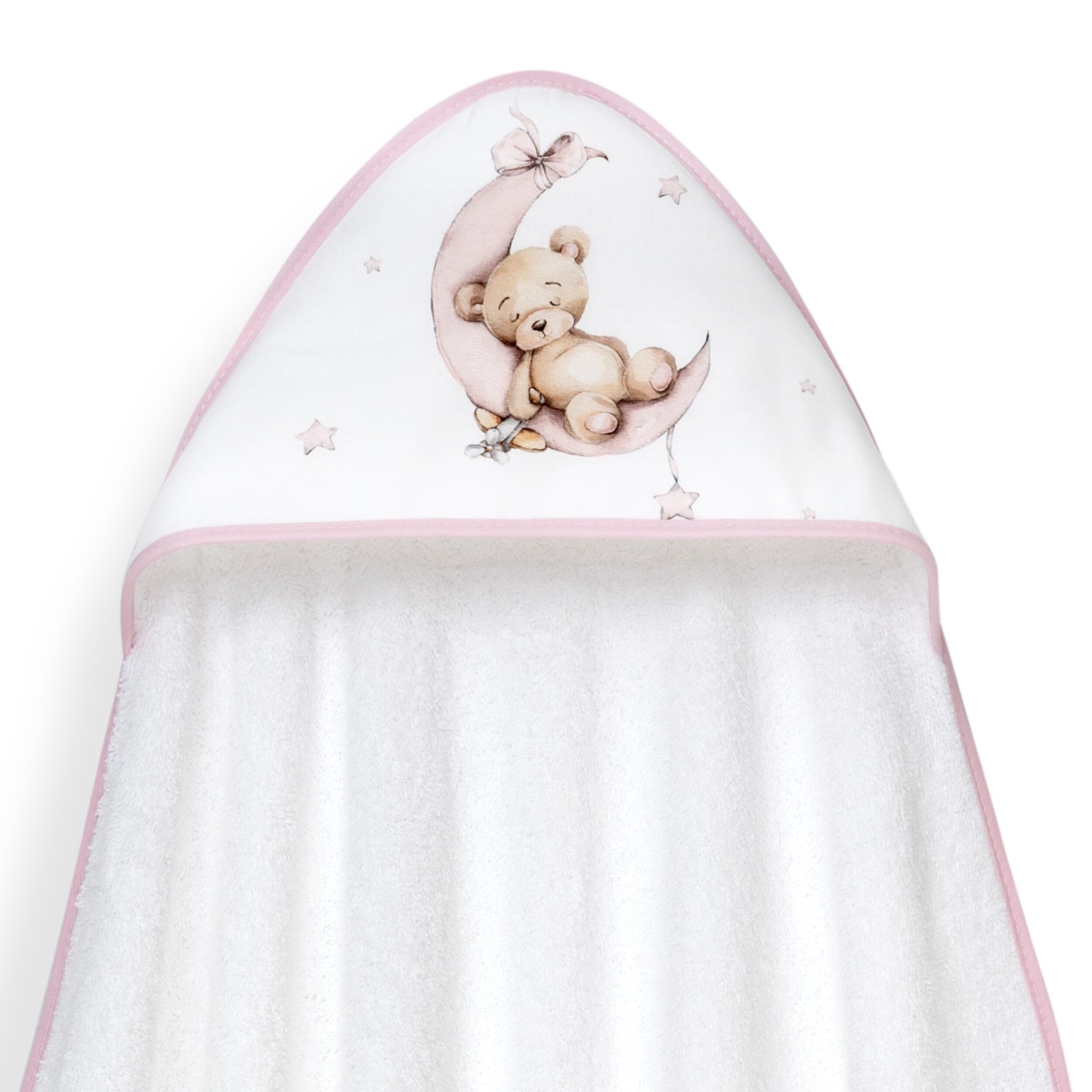 Capa Baño 1X1 Mod Estampado Oso Luna Estrellas+Gorro Bco/Rosa
