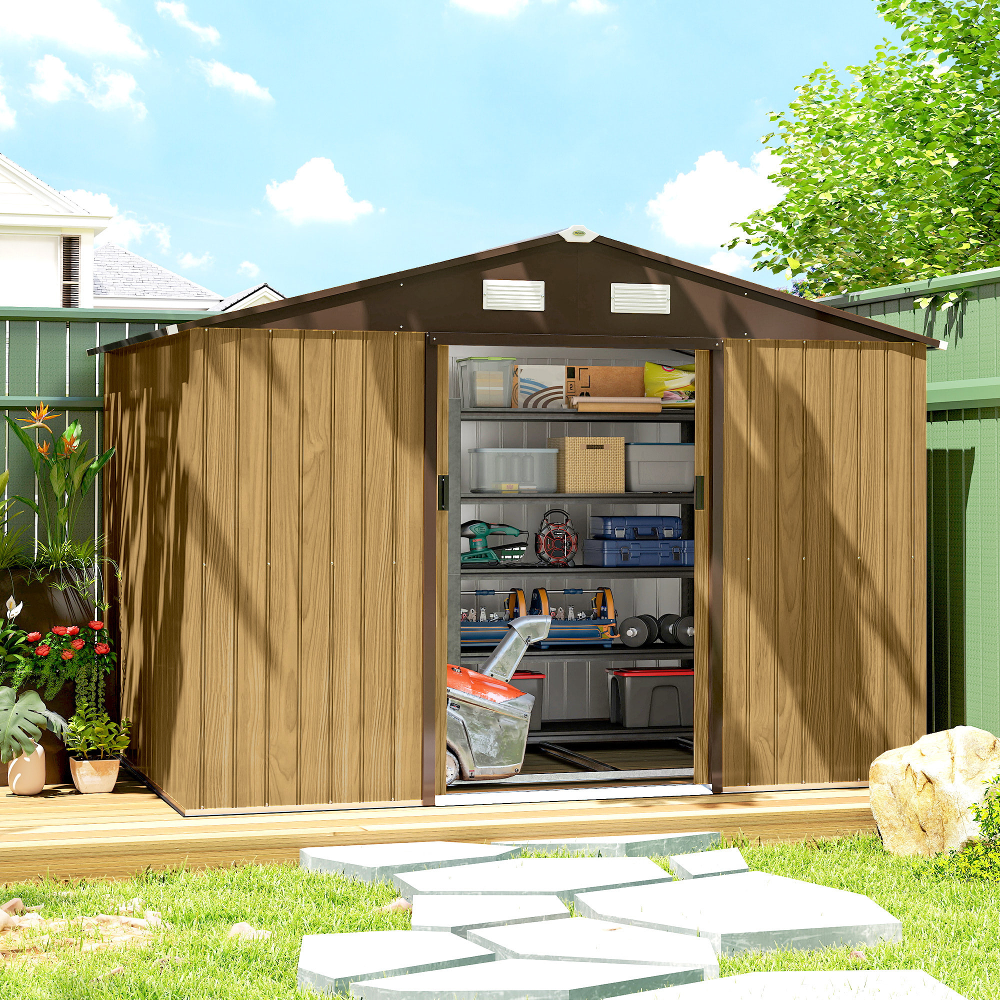 Caseta de Jardín Exterior 4,9 m², 277x195x192 cm, Cobertizo de Jardín Exterior Metálico con Puerta Corredera, Ventilación y Kit de Fundación, para Almacenamiento de Herramientas, Marrón Claro