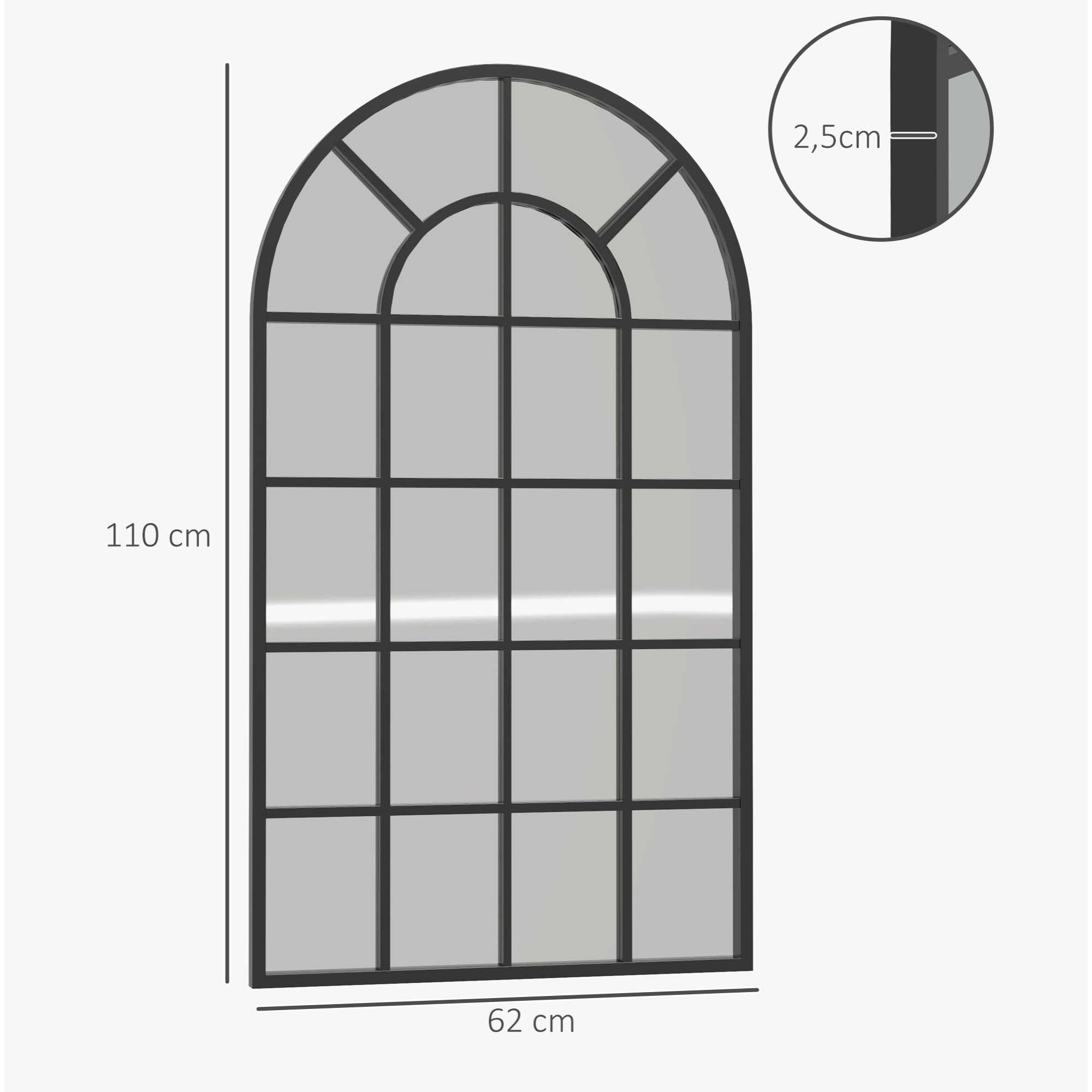 Miroir mural aspect verrière style classique chic - dim. 62L x 110H cm - métal noir verre 3 mm