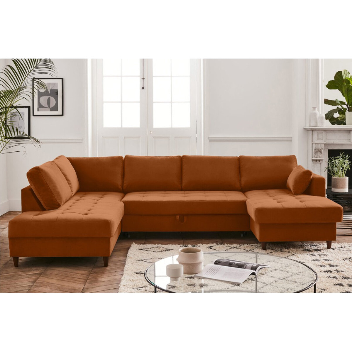 Anna - canapé panoramique d'angle gauche - 7 places - convertible avec coffre - en velours - Rouille