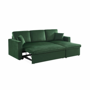 Canapé d'angle convertible en velours vert anglais 3 places. fauteuil d'angle réversible coffre rangement lit modulable