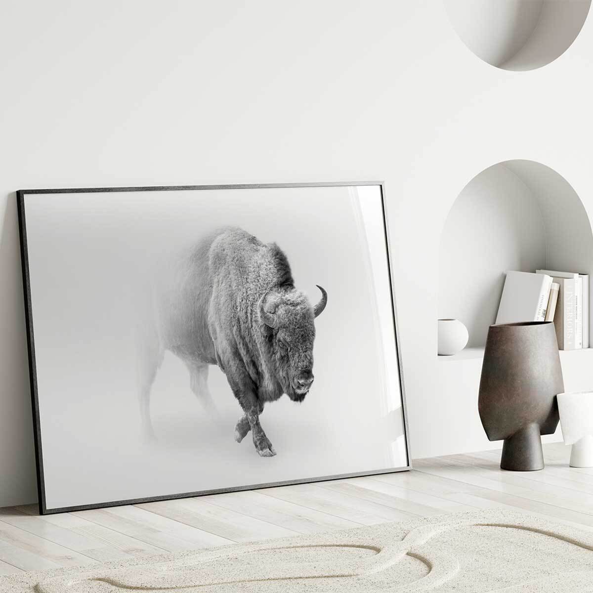 Affiche encadrée bison en noir et blanc dans la brume Affiche + cadre en métal - Noir