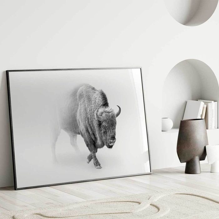Affiche encadrée bison en noir et blanc dans la brume Affiche + cadre en métal - Noir