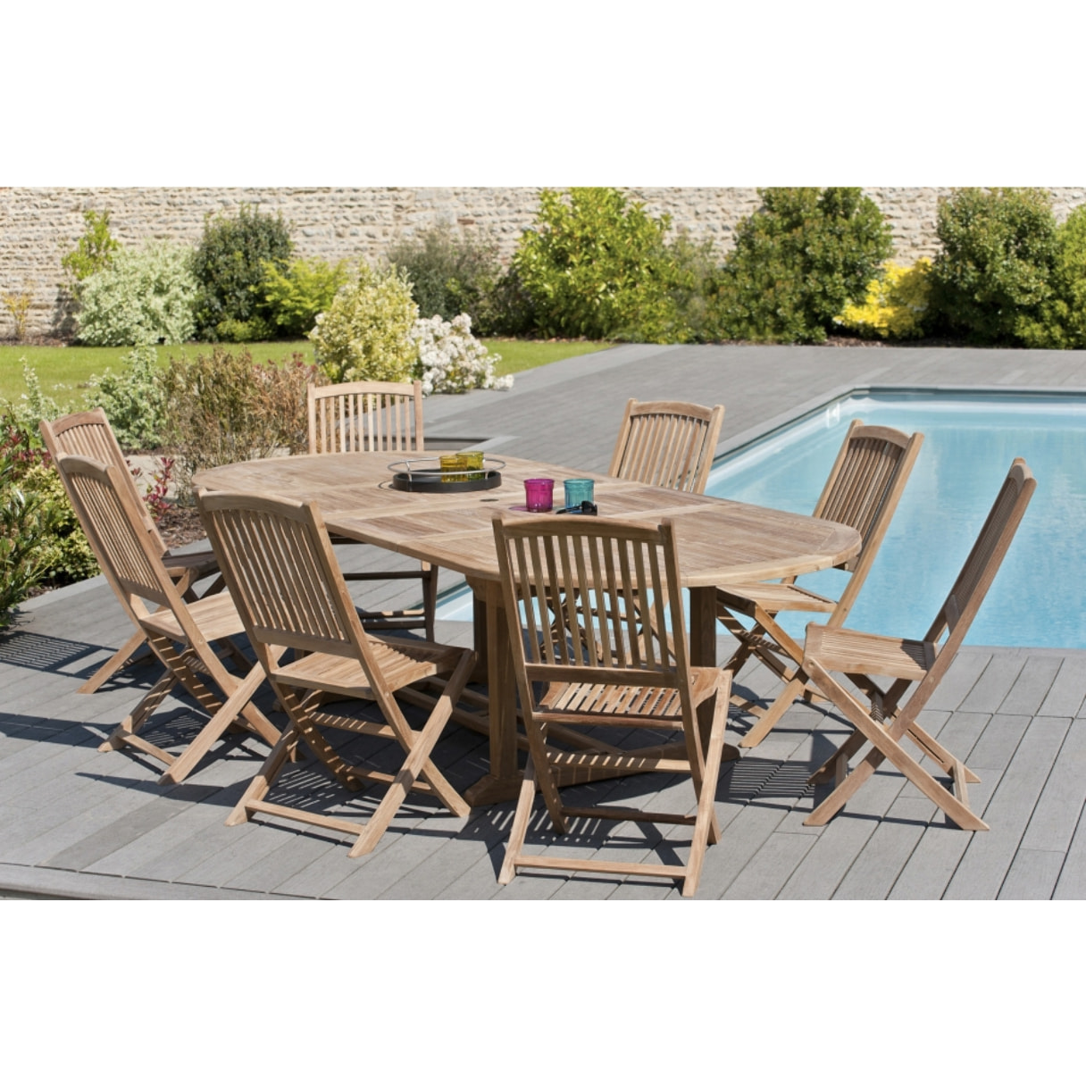 HARRIS - SALON DE JARDIN EN BOIS TECK 10/12 pers : Ensemble de jardin - 1 Table ovale extensible 200*300/120cm et 8 chaises