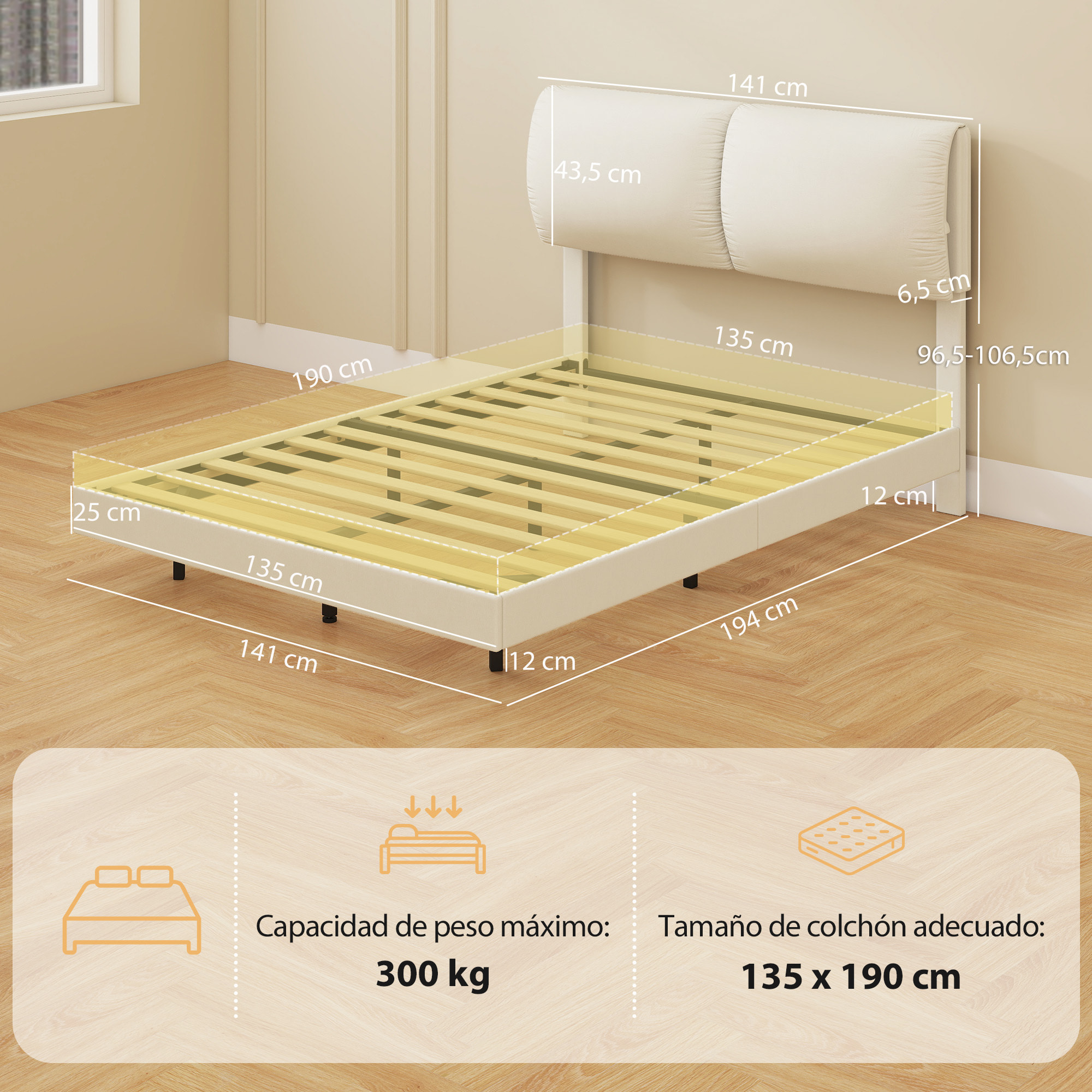 Cama Doble de 135x190 cm, Marco de Cama con Cabecero Acolchado, Efecto Flotante, Estructura Metálica, Lamas de Madera, Silencioso, Estilo Moderno, Beige