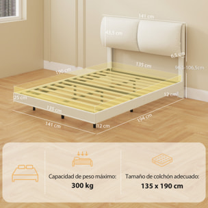 Cama Doble de 135x190 cm, Marco de Cama con Cabecero Acolchado, Efecto Flotante, Estructura Metálica, Lamas de Madera, Silencioso, Estilo Moderno, Beige