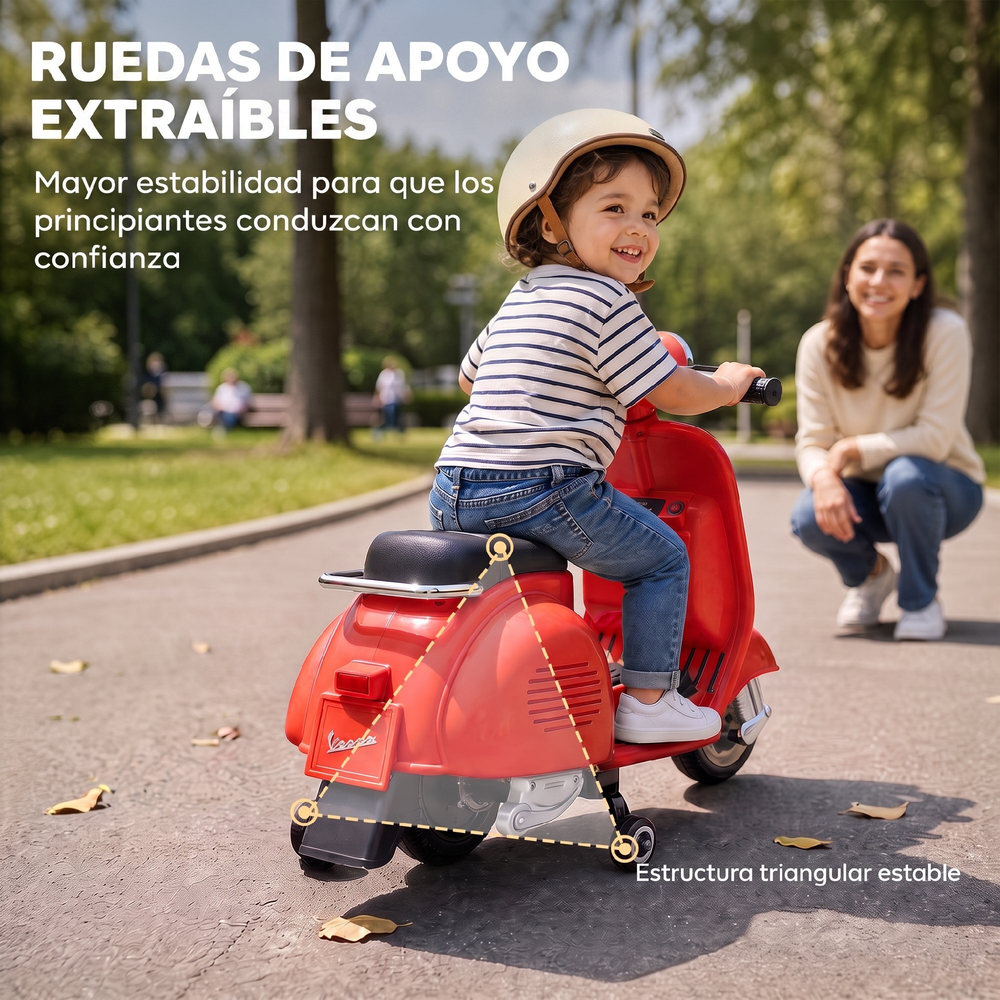 Moto Eléctrica para Niños Licencia VESPA 6V, Moto Eléctrica Infantil con Arranque Suave, Ruedines Desmontables, Luz Delantera, Música, Bocina, USB, Avance, Atrás, para Niños de +3 Años, Rojo