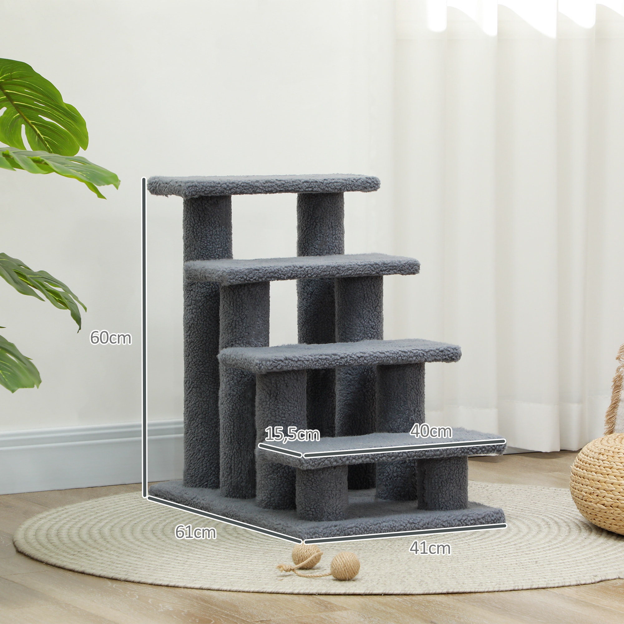 Escalier pour chat - escalier pour chien - 4 marches - revêtement flanelle grande douceur haute densité - structure panneaux particules - gris