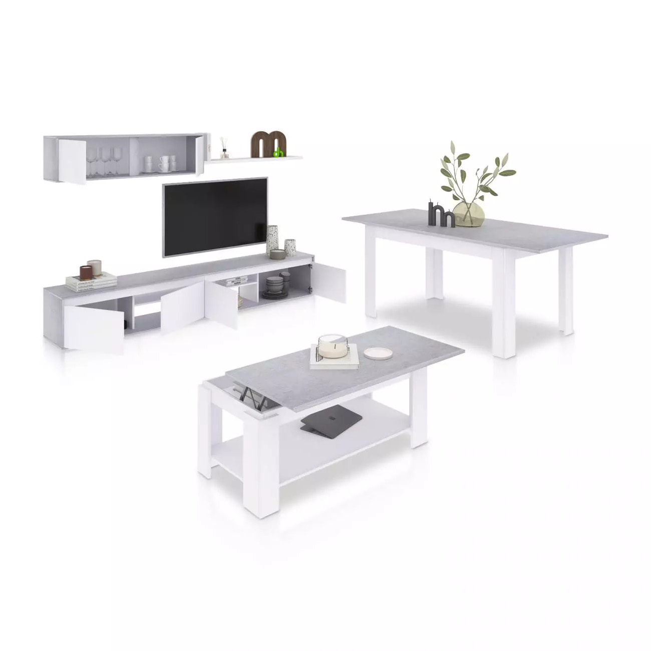 Pack salón con mesa de centro y mesa de comedor Arlet Max Blanco Artik (Blanco Mate) - Gris Cemento