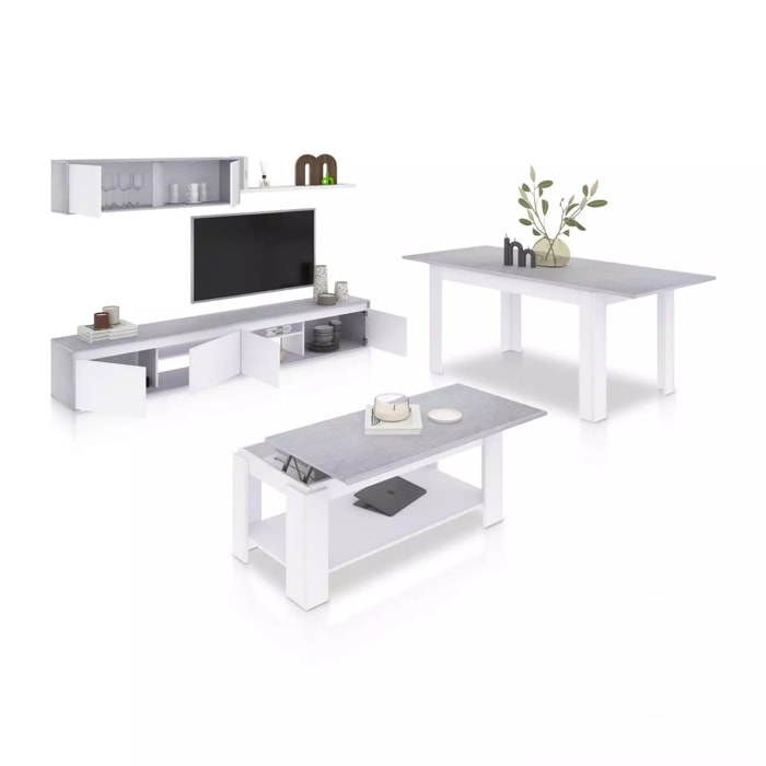 Pack salón con mesa de centro y mesa de comedor Arlet Max Blanco Artik (Blanco Mate) - Gris Cemento
