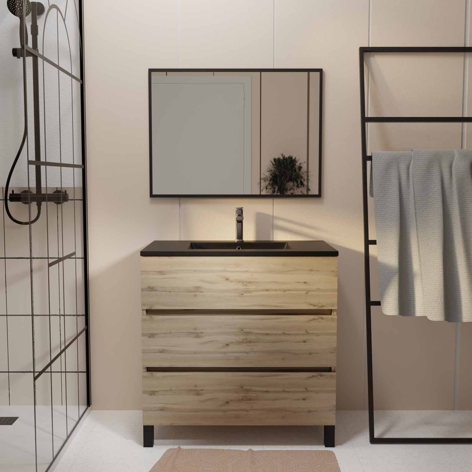 Meuble salle de bains 80cm décor chene naturel 3 tiroirs - Vasque noire et Miroir - TIMBER