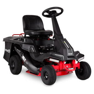 Tractor cortacésped con motor de gasolina 4 tiempos de 224 cc y 5,9 CV, arranque eléctrico, corte rotativo de 610 mm, altura ajustable en 5 niveles, tracción trasera, función mulching, descarga lateral y saco de 150 L – Greencut RLM610XE.