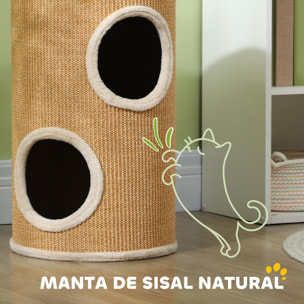 Barril Rascador para Gatos 60 cm de Altura, Tonel de Escalada con 2 Cuevas y Cubierta de Sisal, Torre Rascador para Gatos, Ø35x60 cm, Marrón y Beige