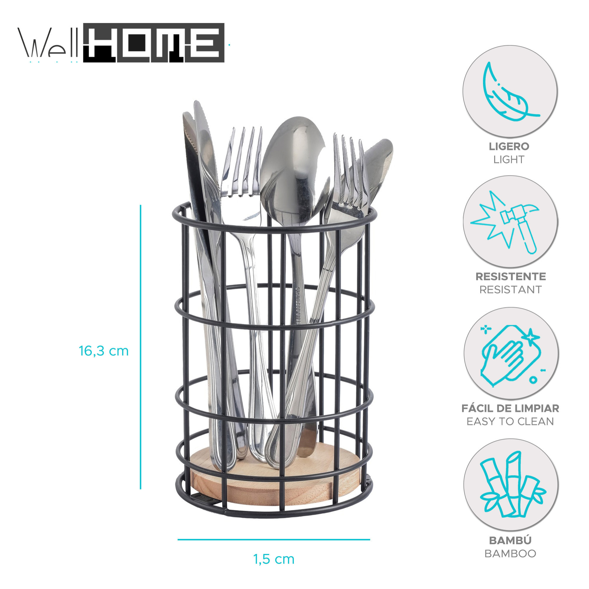 Portautensilios ELIE 11,5x16,3cm - En acero y madera de color Negro