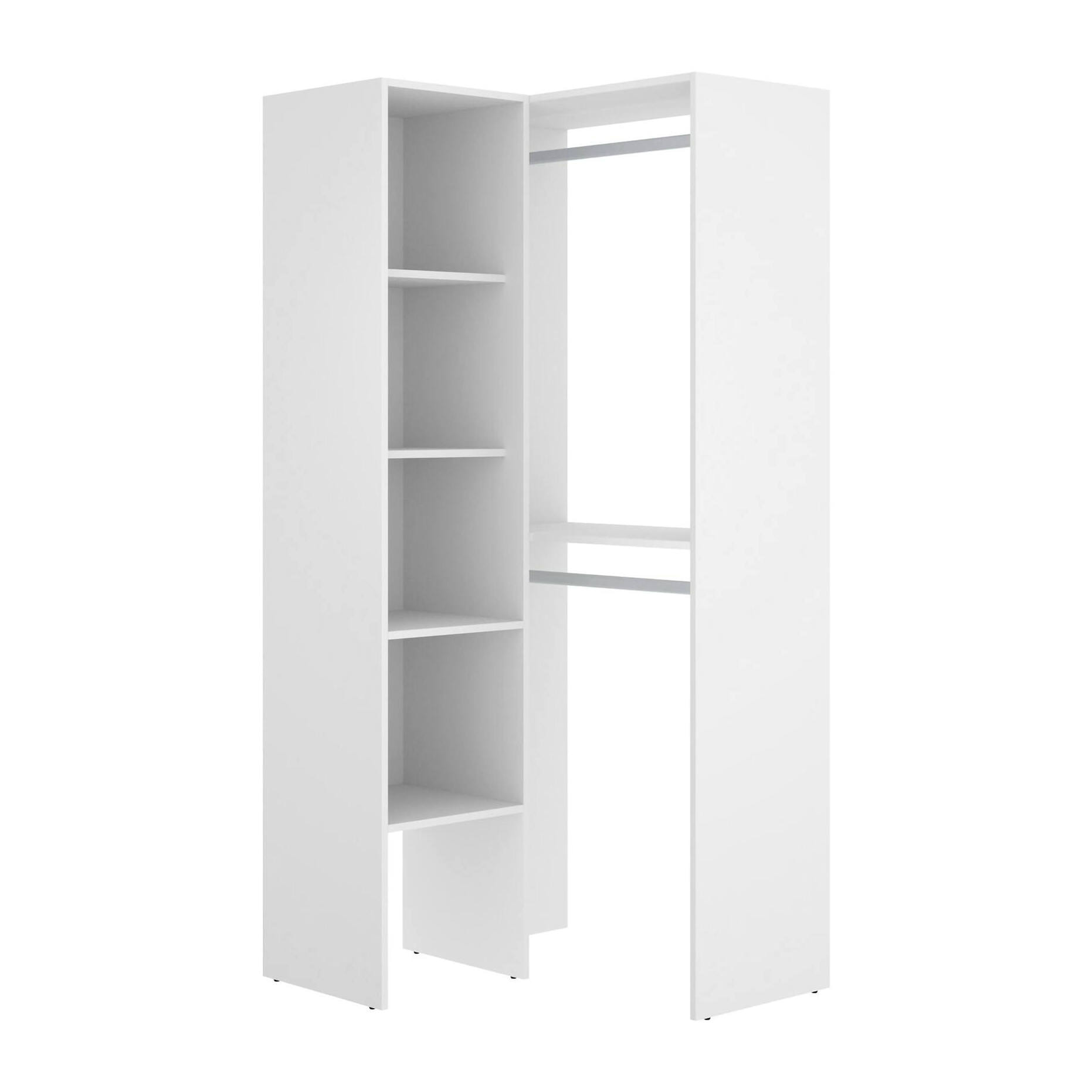 Guardaroba Bernina, Struttura per cabina armadio angolare, Mobile appendiabiti aperto ad angolo, 79x88h186 cm, Bianco