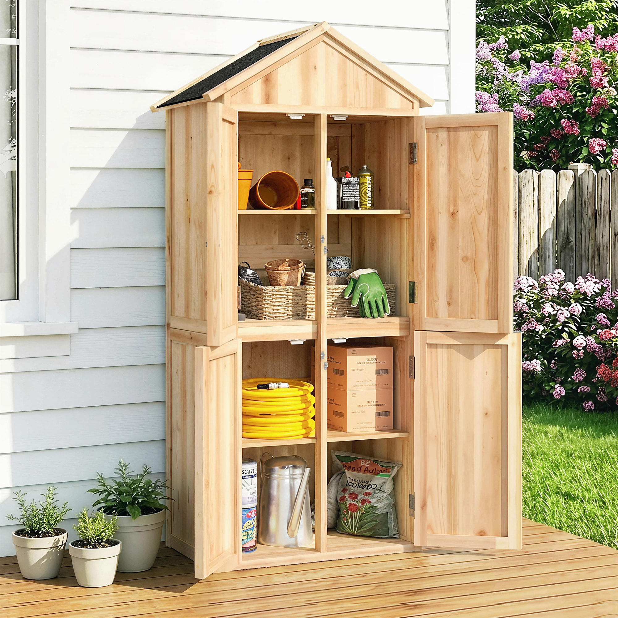 Armoire de jardin bois 4 portes 4 niv. rangement toit double pente bitumé
