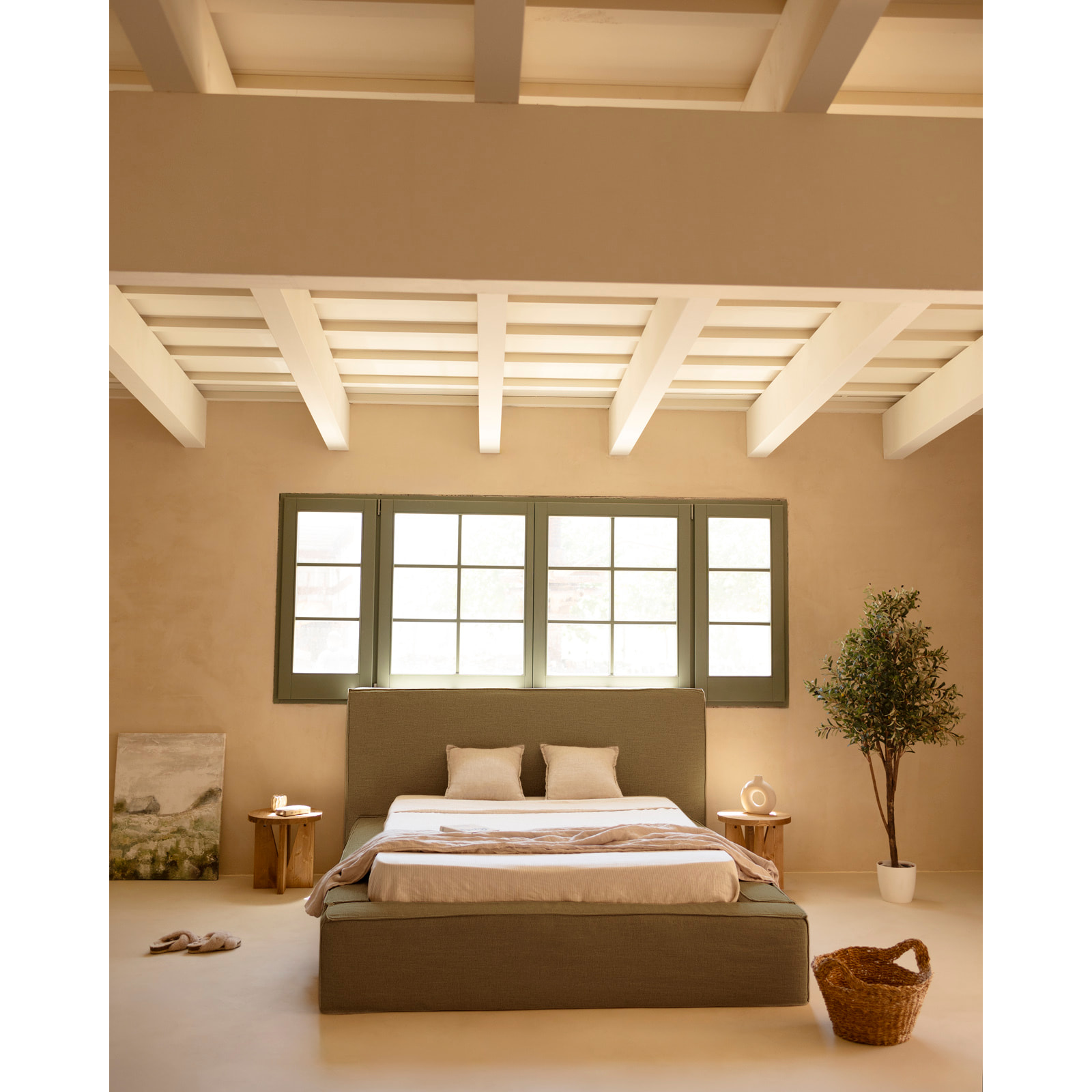 Lit déhoussable en lin vert pour les matelas en différentes tailles