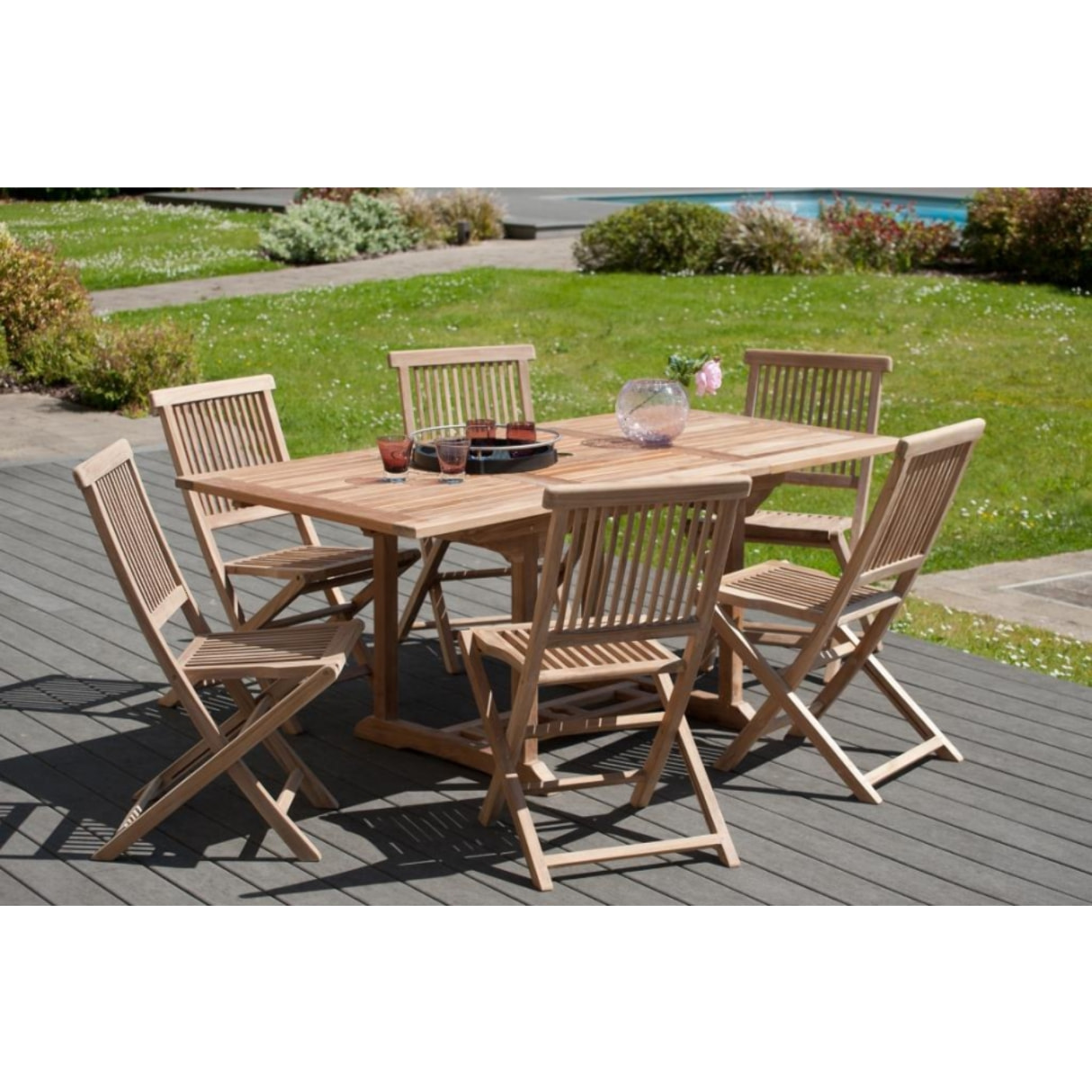 HARRIS - SALON DE JARDIN EN BOIS TECK 4/6 pers - 1 Table rectangulaire extensible 120/180*90 cm et 6 chaises