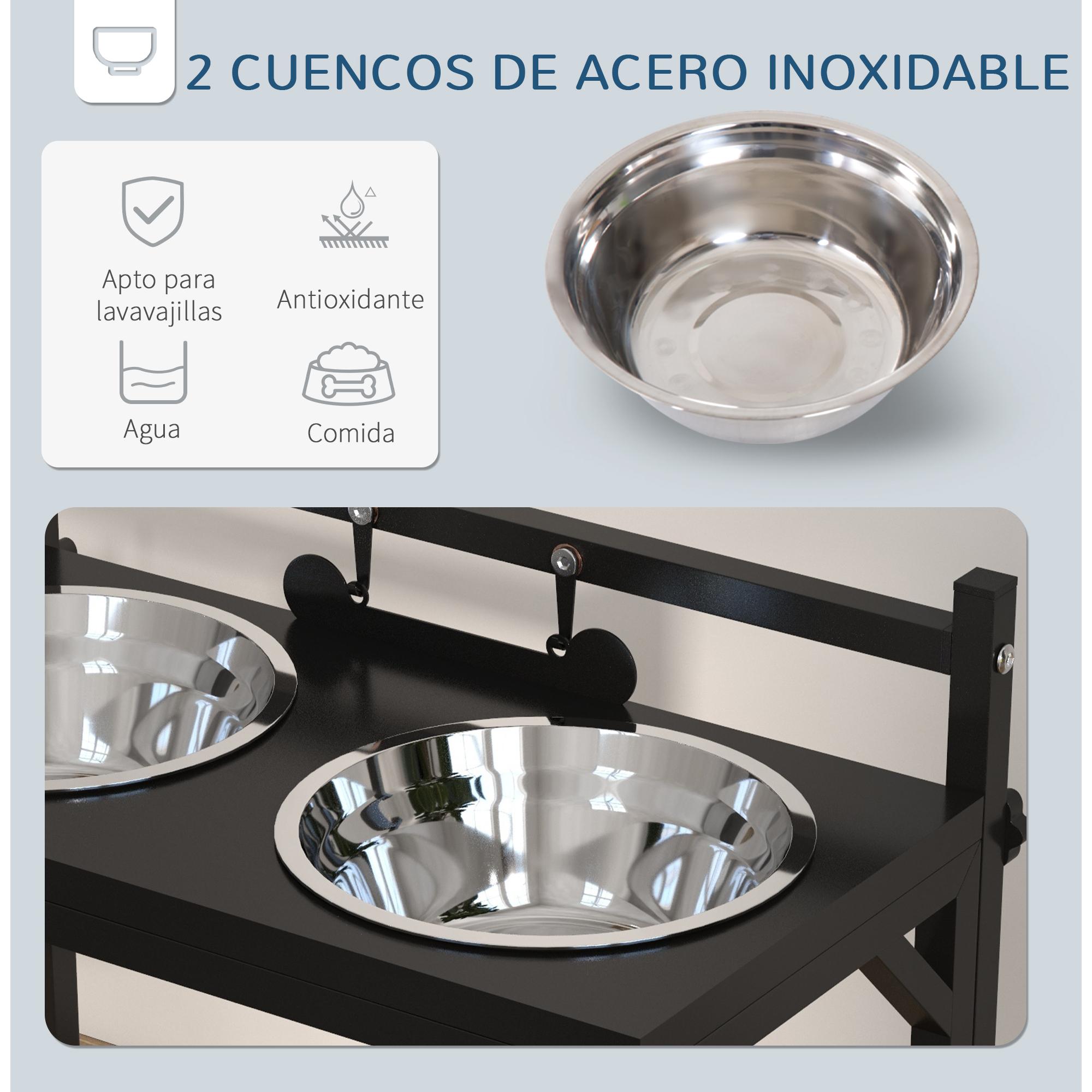 Comedero Elevado para Perros Cuenco para Perros con 2 Tazones de Acero Inoxidable Altura Ajustable y 1 Placa de Metal en Forma de Hueso 40,5x22x39 cm Negro