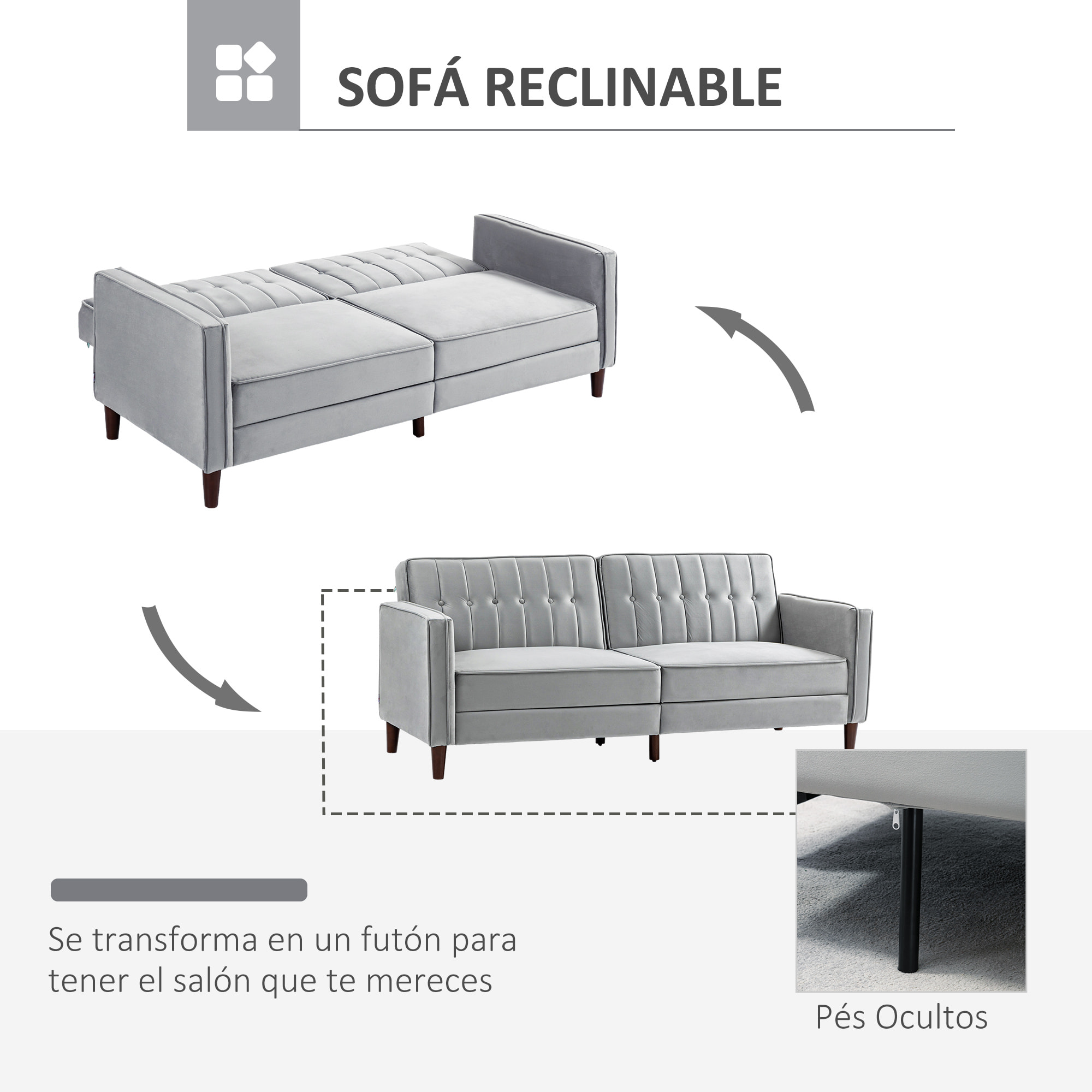 HOMCOM Sofá Cama de 3 Plazas Sofá Cama Convertible Tapizado en Terciopelo con Respaldo Reclinable Asientos Acolchados y Patas de Madera 189x80,5x78,5 cm Gris Claro