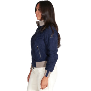 Bomber in pelle scamosciata blu collo in lana merino