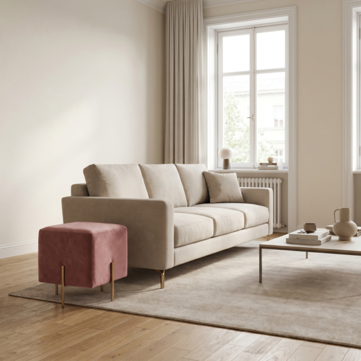 Pouf Quadrato in Velluto con Gambe in Acciaio Dorate, Seduta Imbottita Elegante dallo Stile Contemporaneo per Soggiorno, Camera da Letto e Ingresso