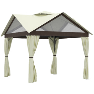 Pavillon de jardin style colonial - barnum double toit, 4 fenêtres, rideaux - dim. 3,5L x 3,5l x 3,33H m - métal noir polyester marron beige