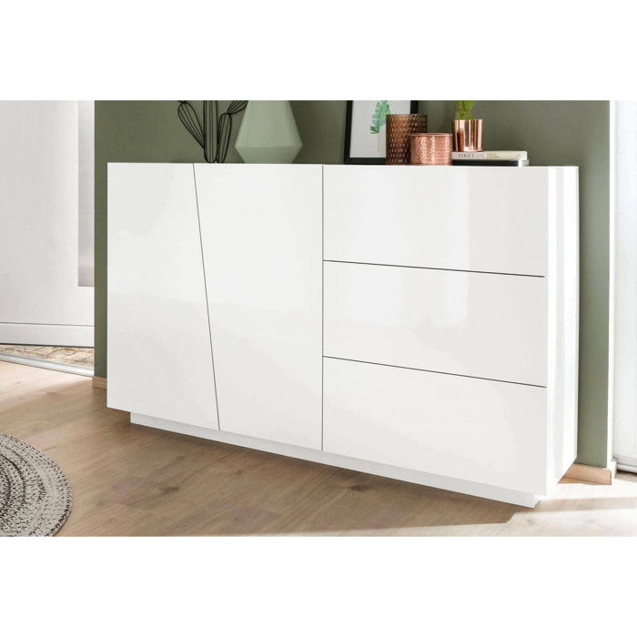 Credenza Favonio, Madia da cucina a 2 ante e 3 cassetti, Buffet da soggiorno, 100% Made in Italy, cm 141x43h86, Bianco lucido