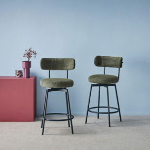 Lot de deux tabourets de bar assise rotative métal noir et tissu vert - L 50 x P 50 x H 92cm - Iris