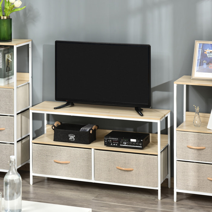 HOMCOM Mueble de TV, Mesa de TV con Estante y 2 Cajones de Tela Plegables, para Televisores hasta 47 Pulgadas, Largo de 98 cm, para Salón, Dormitorio, Natural y Gris