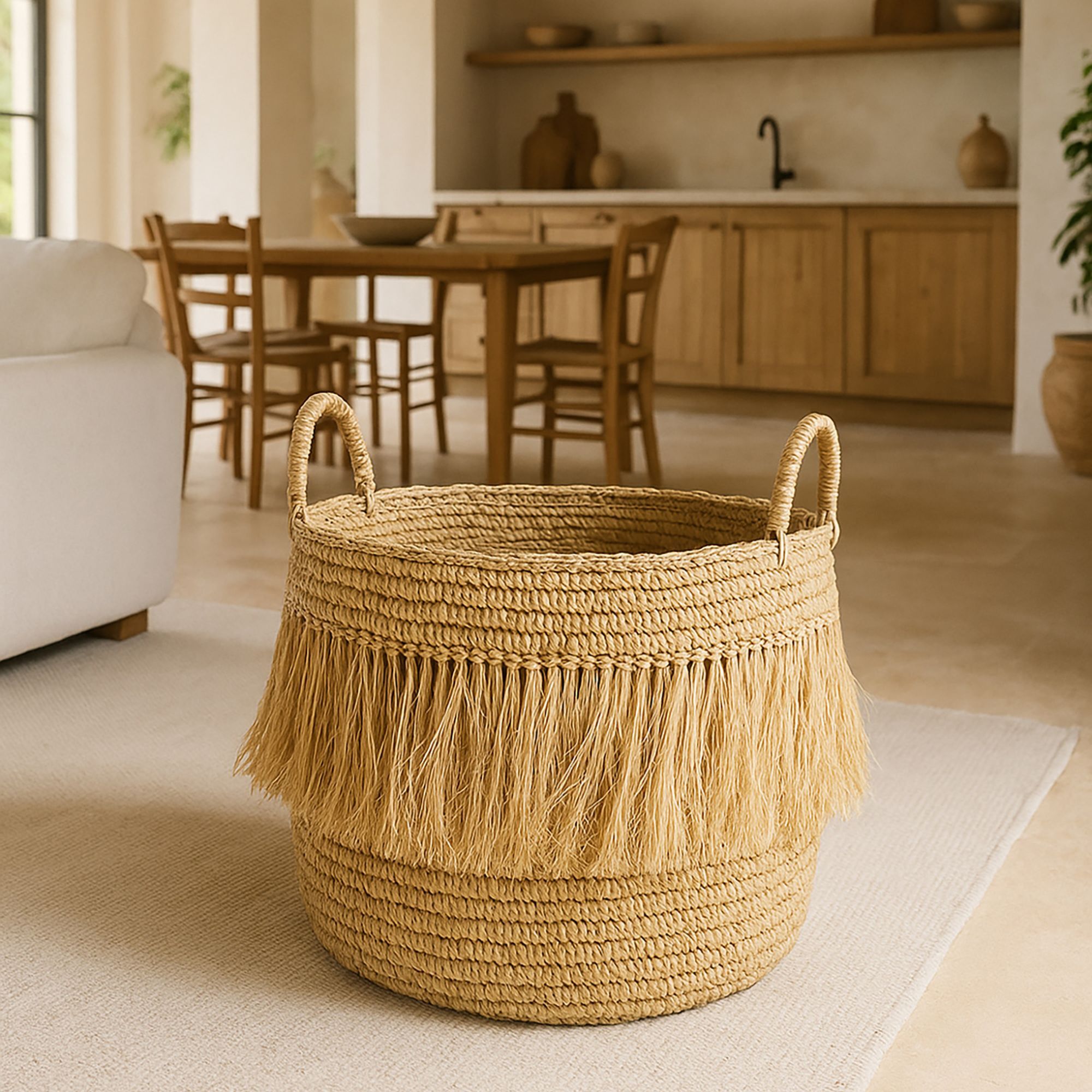 Panier à franges en raphia naturel avec anses 48cm LUYS