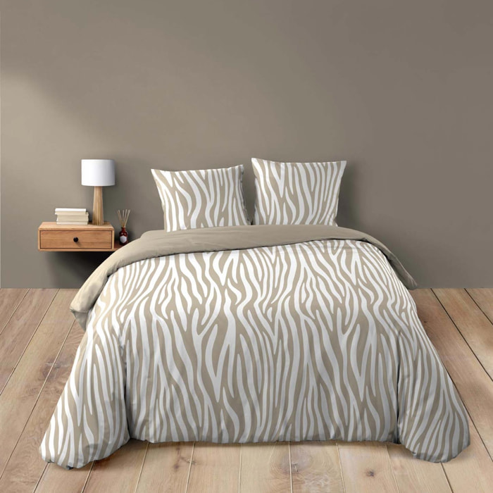 Parure de lit 3 pièces 100 % coton imprimé zèbre housse + taies - Naturel
