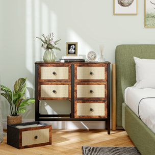 Cómoda para Dormitorio Cajonera de Tela con 6 Cajones Plegables con Frentes de Ratán y Marco de Acero Cajonera para Dormitorio Salón Marrón Rústico